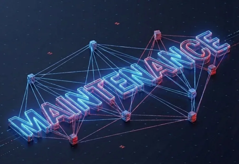 Glowing network of connected nodes over the word MAINTENANCE on a dark background