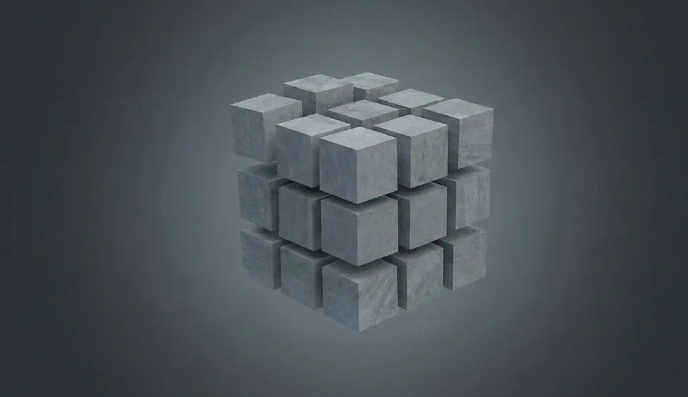 Grey cube assembled from smaller cubes on a dark background