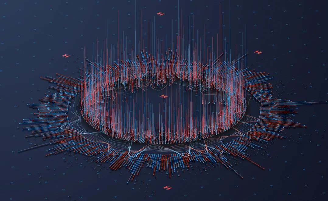 Abstract ring of red and blue data streams rising from a dark grid